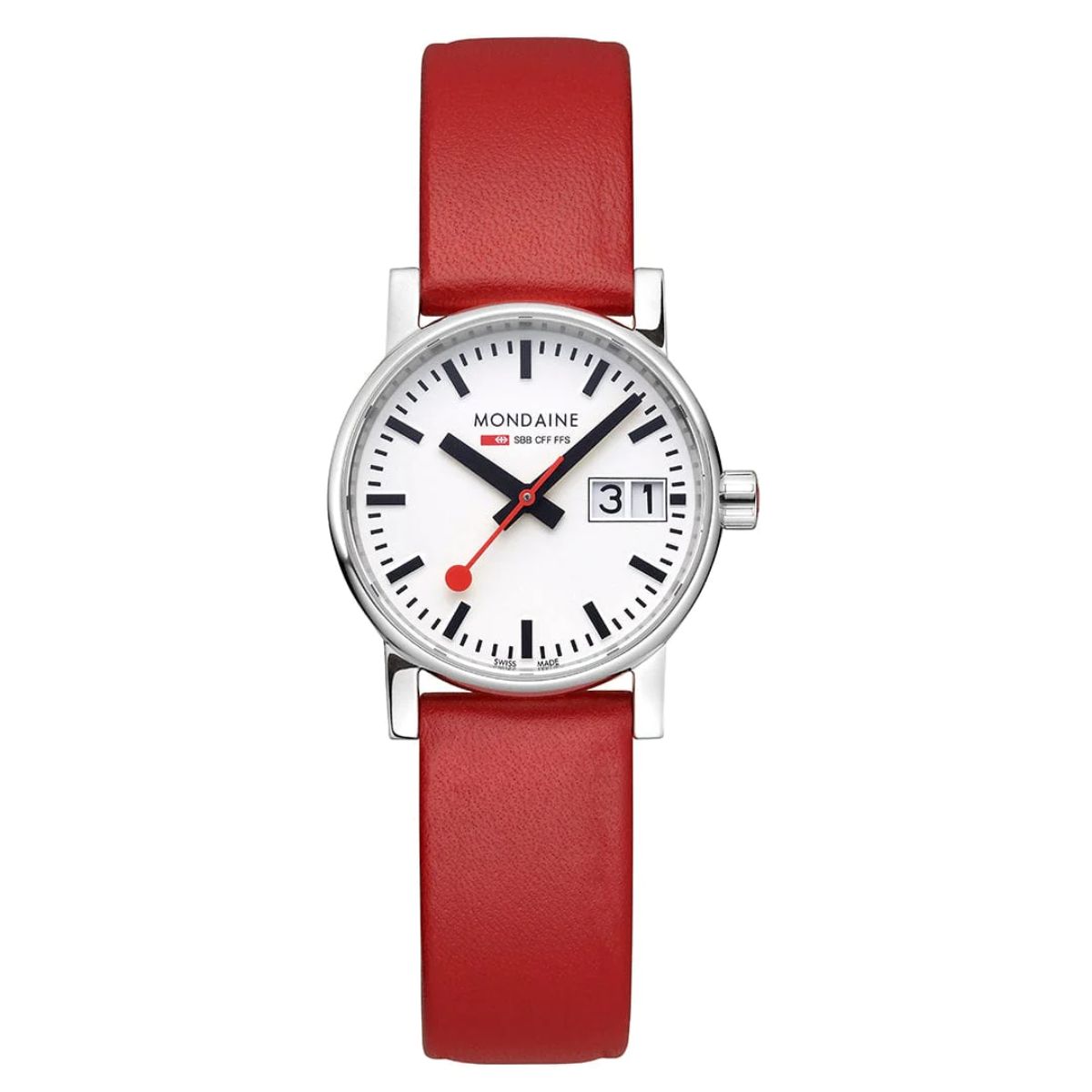 新品 MONDAINE モンディーン EVO2 エヴォ2 BIG DATEレッド Mondaine Evo2 Big Date - White Dial / Red Vegan Grape Leather Str